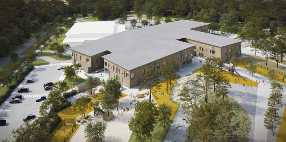 Den nya skolan byggs i anslutning till Valkeavuori idrottshall, utanför Åbo. Bild: NCC