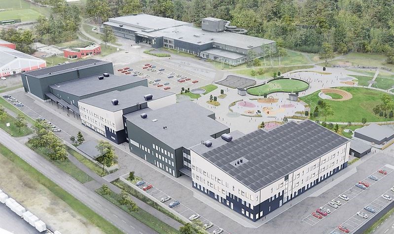 Projektet omfattar både skolbyggnad och idrottshallar. Bild: D Office Arkitekter AB/Varbergs Fastighets AB