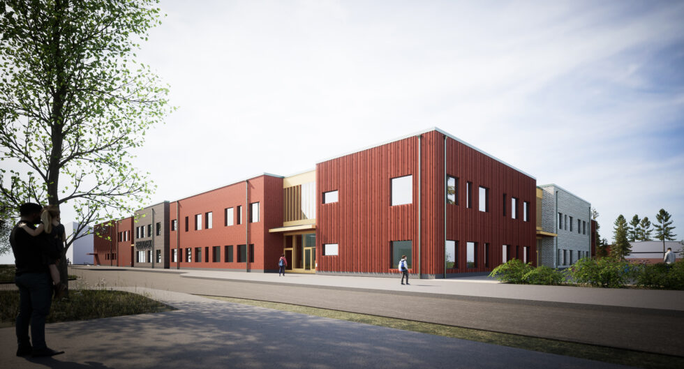 Drömfabriken består av en skolbyggnad, bibliotek och fritidsgård.