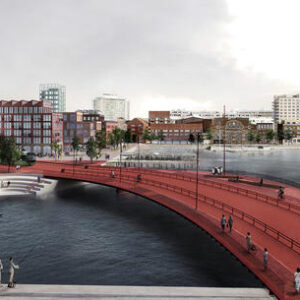 Röd betongbro för trafik och fest