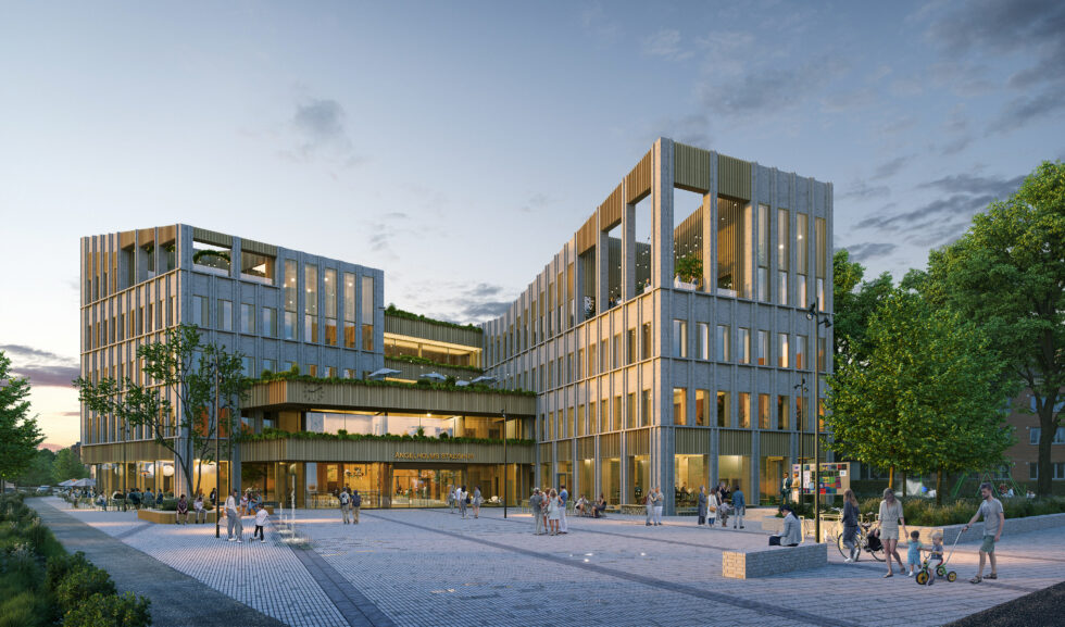 Visionsbild på nya stadshuset i Ängelholm. Bild Liljewall