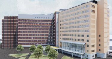 Illustration som visar Gävle sjukhus efter ombyggnationen