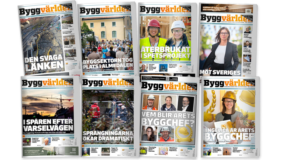 Collage som visar åtta av Byggvärldens förstasidor 2023.