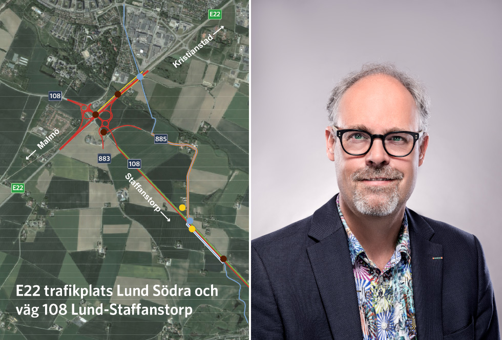Kartskiss som visar E22 trafikplats Lund Södra och väg 108 samt ett foto på Göran Wiking, regionchef på Peab.
