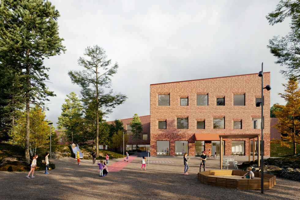 Illustration som visar Lerums nya skola och skolgården.