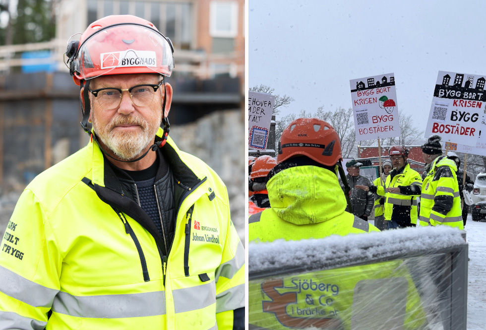 Collage som visar Byggnads förbundsordförande Johan Lindholm i hjälm och varselkläder, samt en demonstration på en byggarbetsplats där byggnadsarbetare håller i skyltar med budskap som "bygg bort krisen, bygg bostäder".