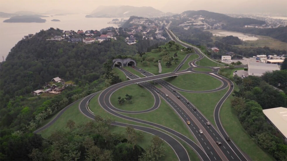 Illustration som visar den nya vägsträckan, samt två tunnlar in berget.