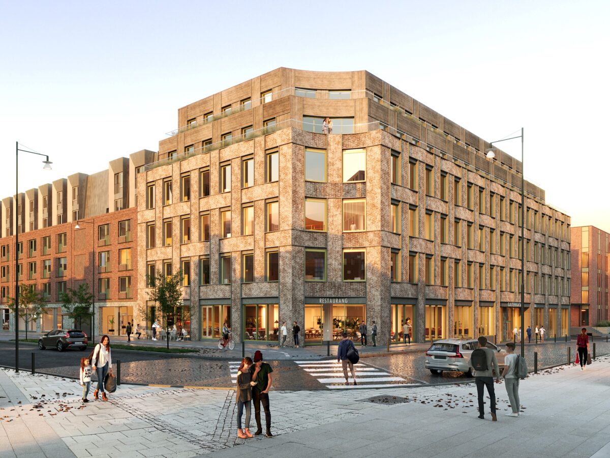 Skiss över det nya kvarteret: flervåningshus med tegelfasad.
