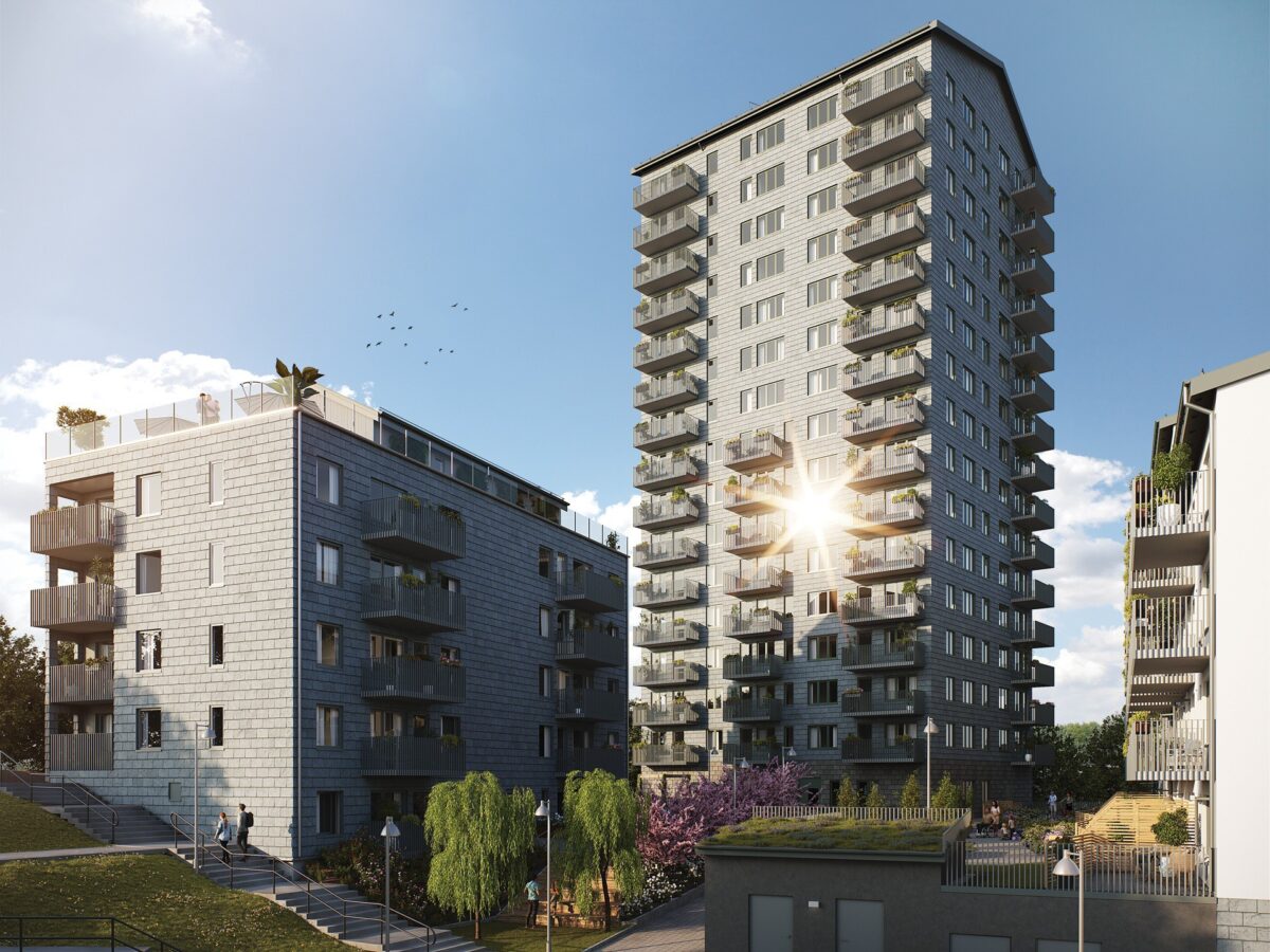 Illustration som visar de planerade bostadshusen: två femvåningshus och ett högre hus med 16 våningar.