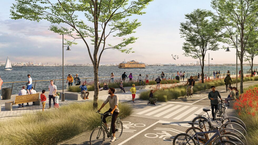 Illustration som visar det nya parkområdet: cykelbanor i förgrunden och gångstråk längst vattnet.