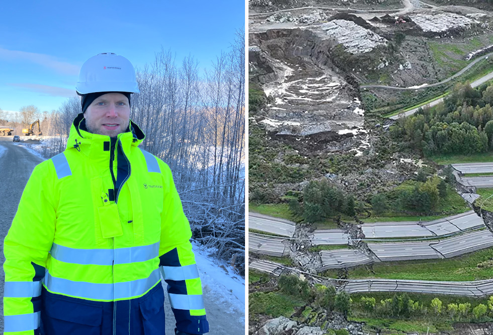 Collage som visar projektchef Daniel Svensson och området för skredet i Stenungsund.