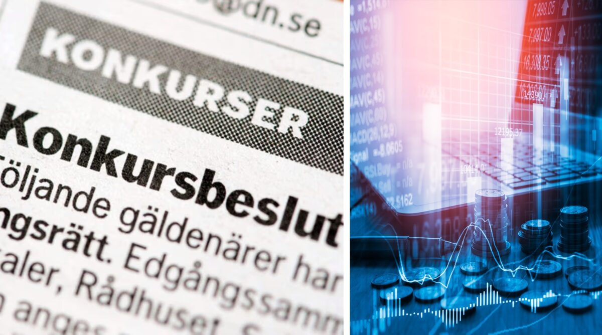 Bild som visar en tidningssida med konkuerbeslut, samt en laptop med diagram.
