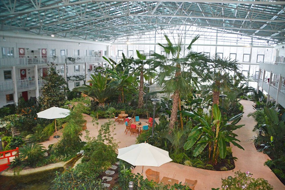 Bovierans inglasade innergård med gröna växter, palmer, parasoller, gångvägar och utemöbler. Till vänster i bild syns ena hussudan med balkonger in mot gården.