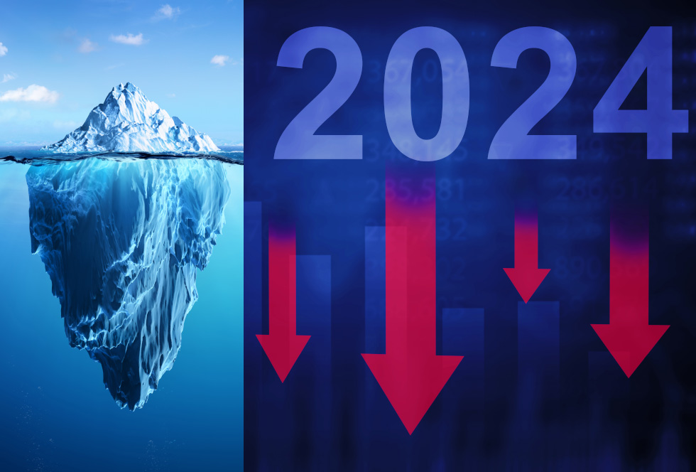Bild som visar ett isberg och årtalet 2024 med pilar som pekar neråt.