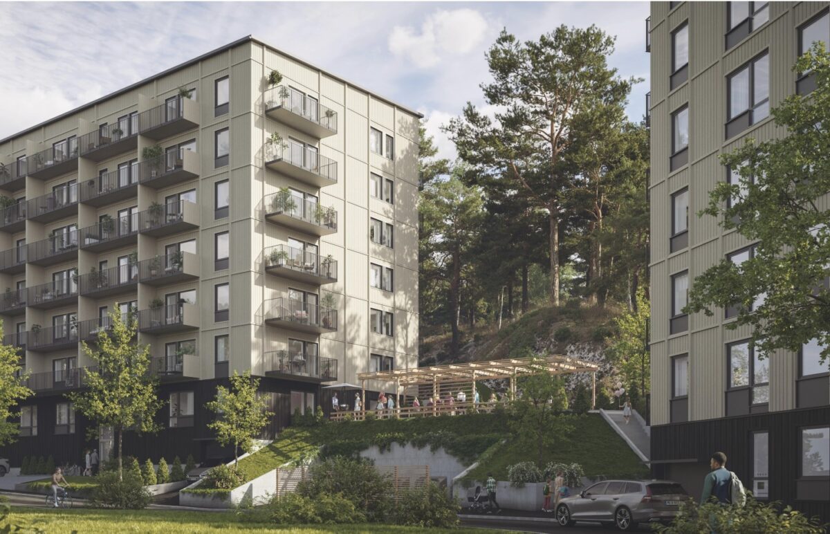 Skiss över de nya bostäderna: två flervåningshus med balkonger. Mellan husen finns ett grönområde med pergola.