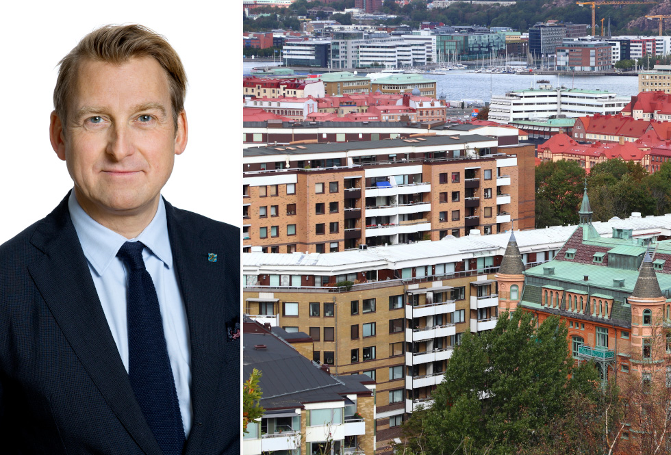 Collage som visar dels man i svart kostym och slips, dels flerbostadshus i Göteborg.