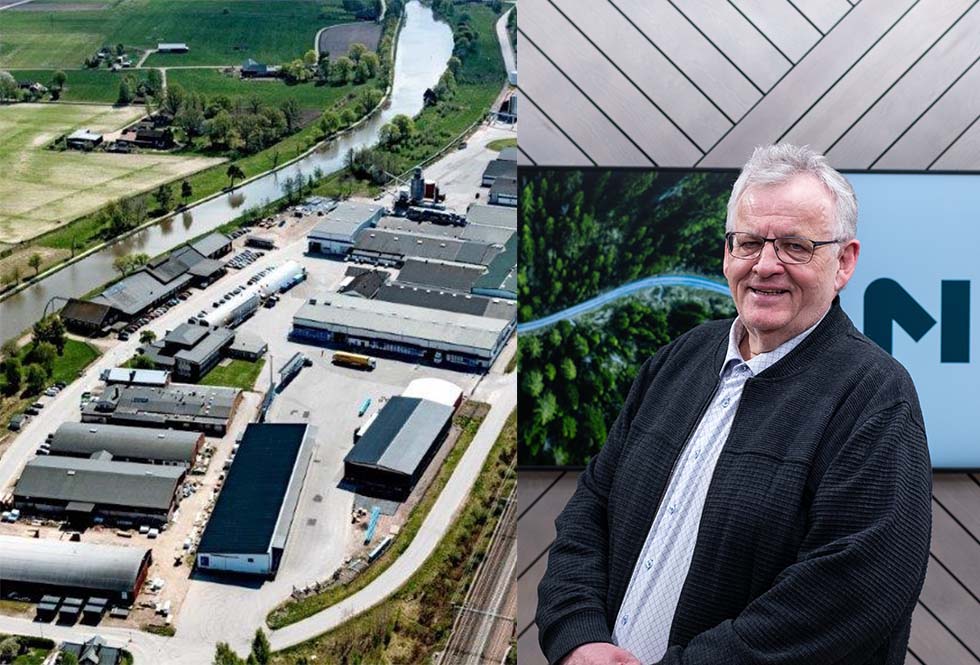 Moelvens koncernchef Morten Kristiansen och limträfabriken i Töreboda. Foto: Moelven
