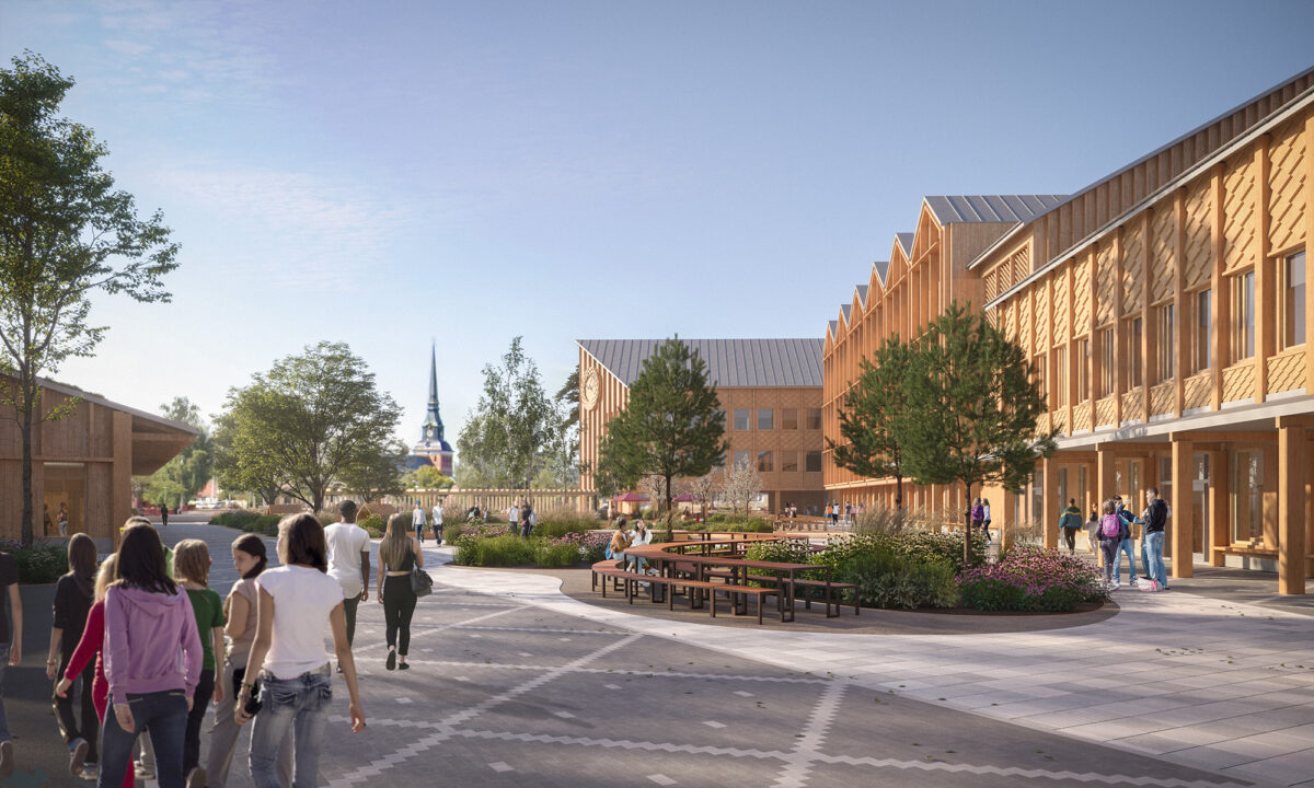 Skiss som visar den na skolan: en stor träbyggnad med en skolgård framför.