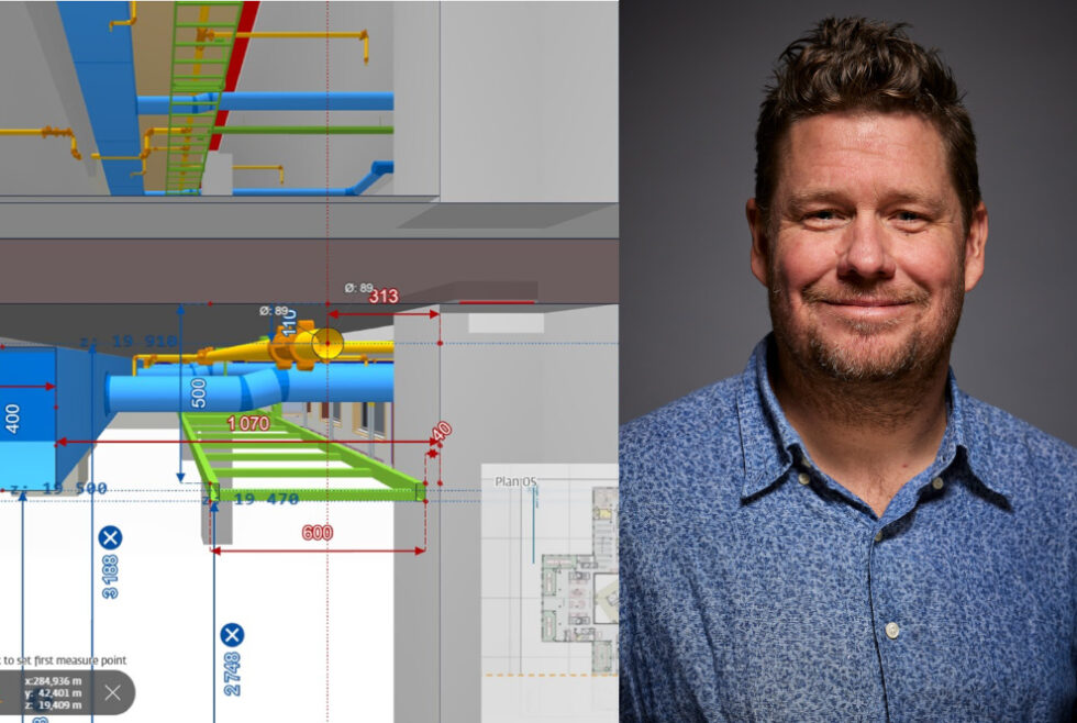 Bild som visar en BIM-modell samt Mattias Roupé