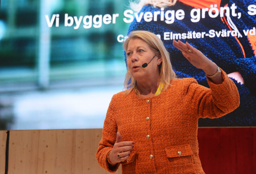 Catharina Elmsäter-Svärd, vd för Byggföretagen på scen under Nordbygg.