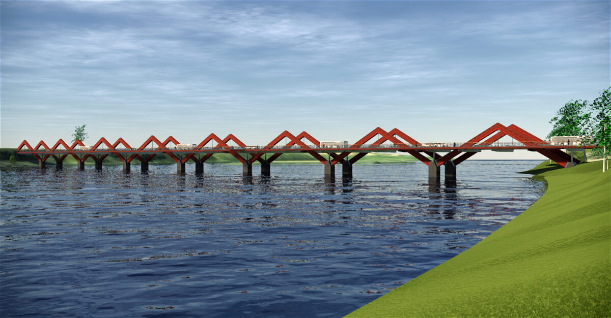 illustration över den röda Karlgårdsbron i Skellefteå.