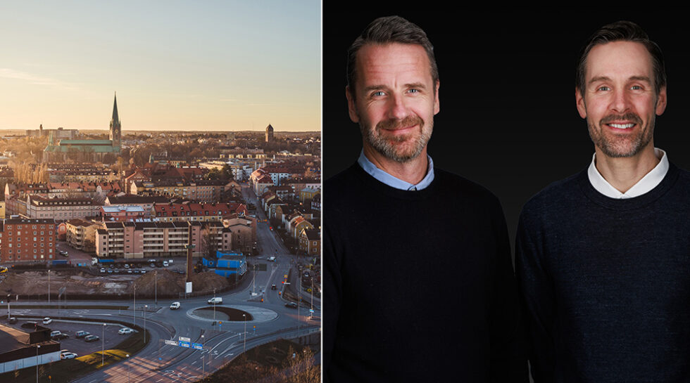 Fotot visaren flygbild över Linköping, samt två män