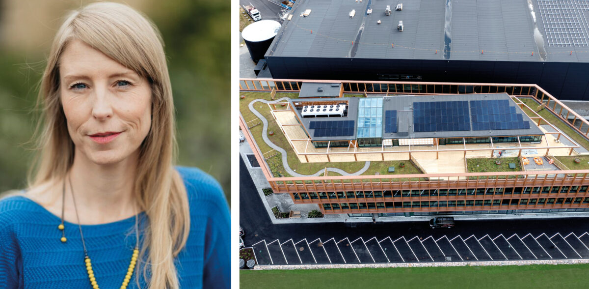 Bild med portätt av Lindha Fledin och kontorshuset Viared Center i Borås.