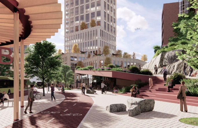 Perspektivbild över nya busshållplatsläget och det urbana stråket genom kvarteret. Bild: Henning Larsen Arkitekter