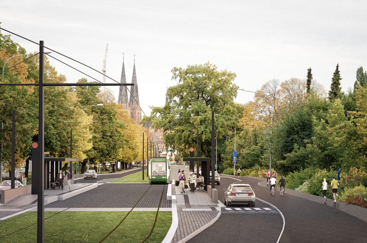 Uppsala ska få spårväg till 2029. Nyab tilldelas kontrakt igen. Visionsbild: White arkitekter