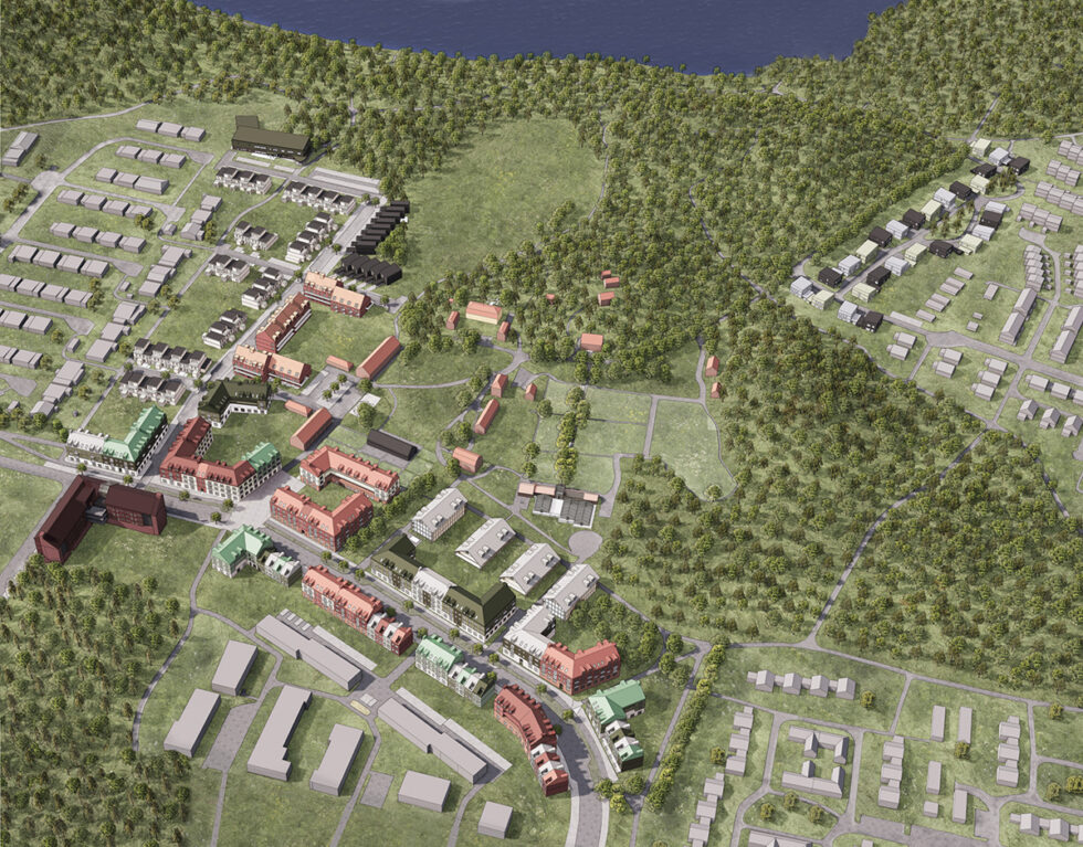 illustration över Hallunda Gård, med Titanias planerade bostäder.
