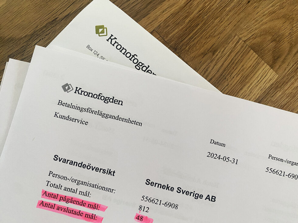 dokument från Kronofogden där man ser antalet pågående mål (48) och antalet avslutade mål (764).