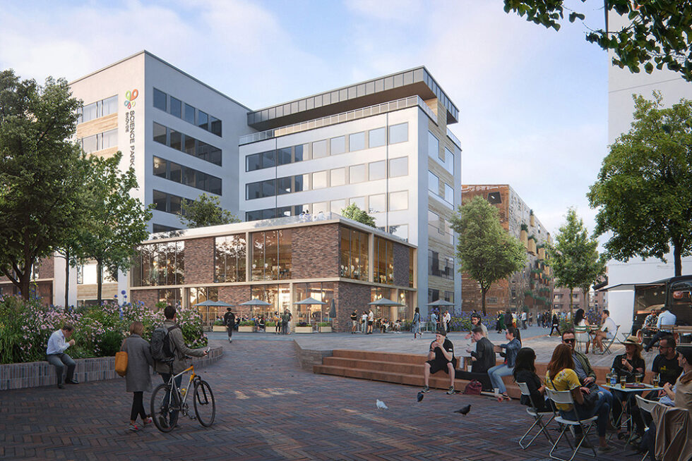 illustration över Telebruket i Skövde Science City, med kontorsbyggnaden Noden