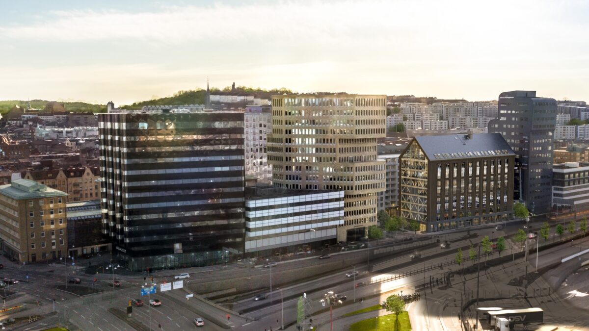 Vy över NCC:s tre projekt på Masthuggskajen. Våghuset, Brick Studios och Habitat 7. Bild: NCC