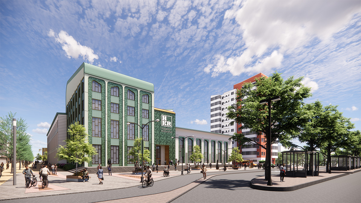 HKR Citycampus, skissförslag, vy från Hästtorget. Illustration: Sesam Arkitekter / Boulevardfastigheter AB / HKR
