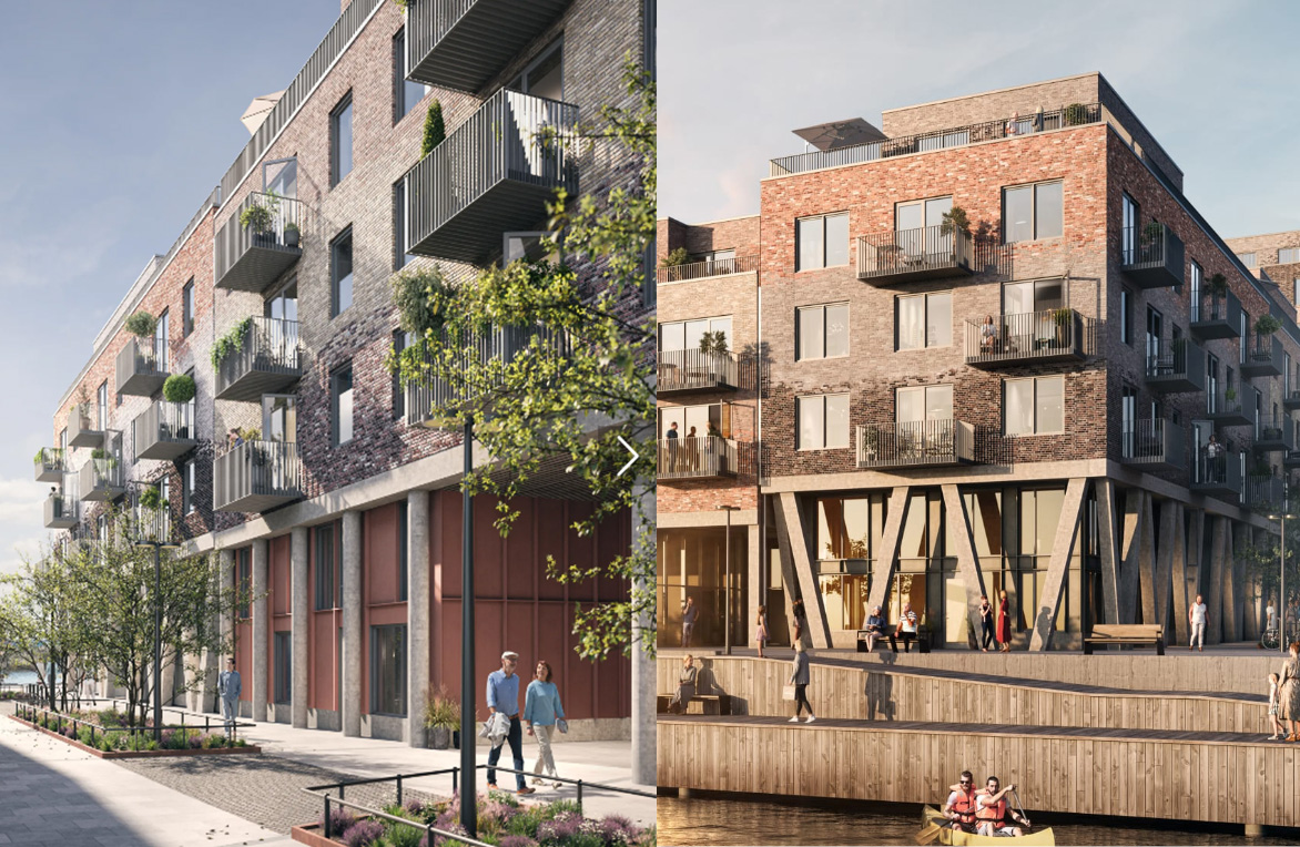 Tåv bilder som visar de nya bostadshusen i helsingborg, som peab bygger på uppdrag av Nordr