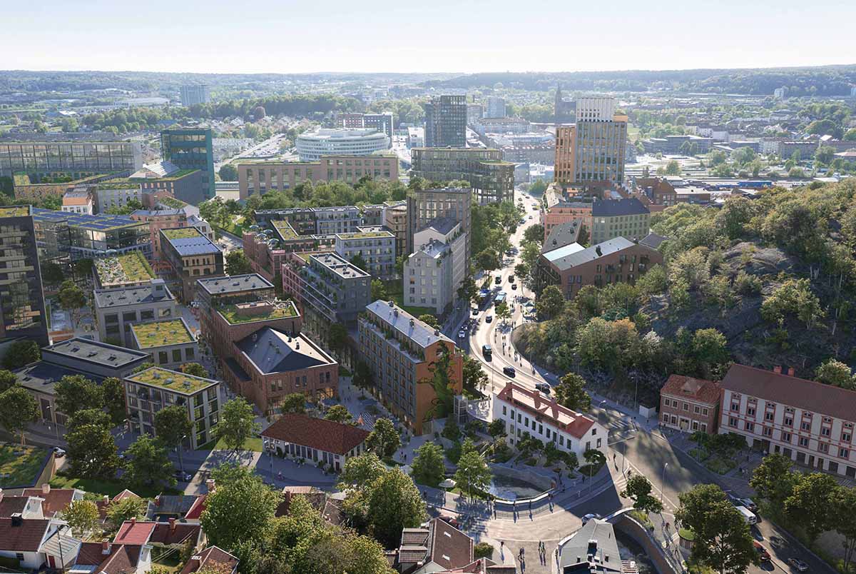 Visionsbild över Forsåkers norra del med bruksbyggnaderna, forsen och Kvarnbygatan som omvandlats till ett livfullt stadsstråk. Bild: Forsåker