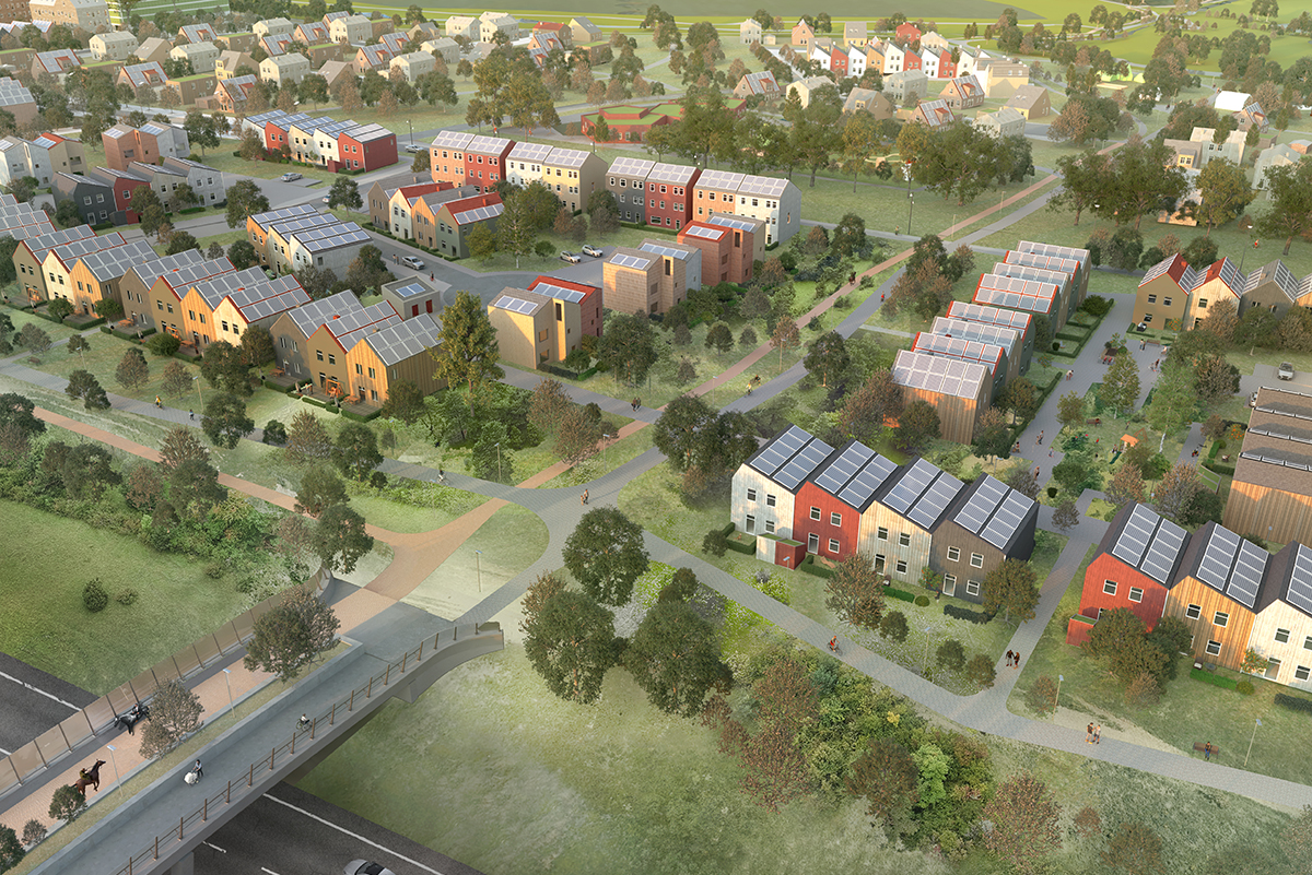 Vy från luften av bostadsområdet Östra Ramlösa, Helsingborg. Till vänster i bild finns en gång och cykelbro. En bit in i bilden ser man ett stort antal radhus i olika färger. Fyra aktörer får nu markanvisning.