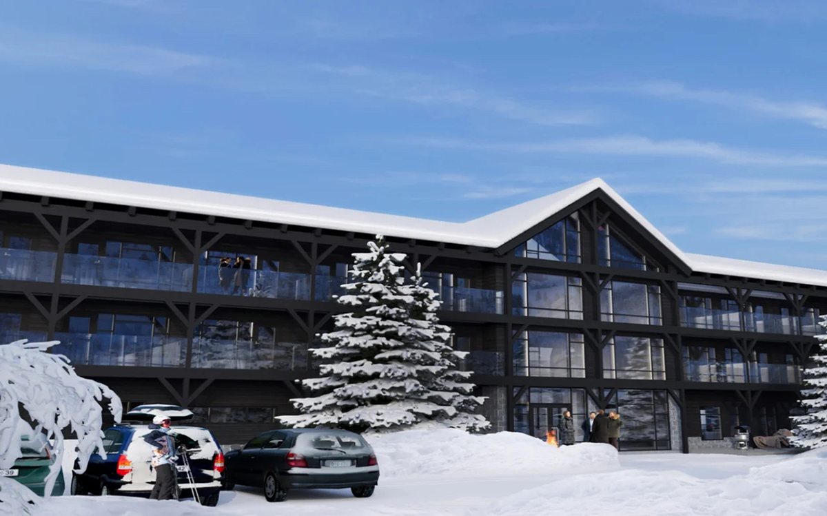 Renderad bild av nya hotellet på Stjärnvägen i Sälen som ligger på upphandlingslistans tredje plats. Bild: Consto