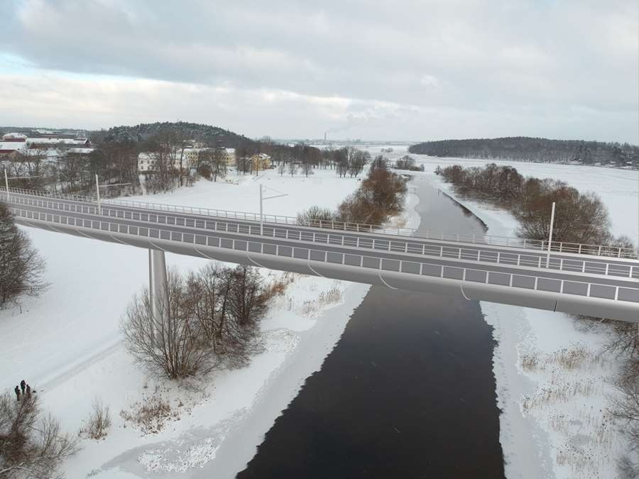 Den nya bron över Fyrisån mellan Ultuna och Nåntuna är en viktig del i spårvägsbygget och Uppsalas nya infrastruktur. Illustration: &Rundquist